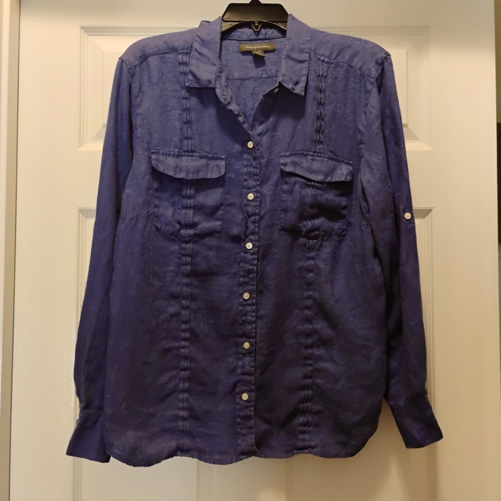 Tommy Bahama Two Palms Linen Shirt Navy Blue Roll Tab Sleeve Size M